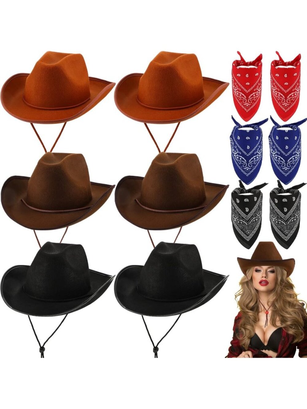 Men's Brown Bandanas Bulk Adjustable Felt Western Cowboy Cowgirl Hat 12 Pcs
